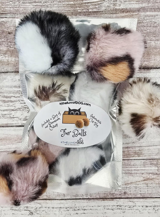 4 Pack of Faux Fur Balls PLUS a Bag of Our Premium California Catnip Included
